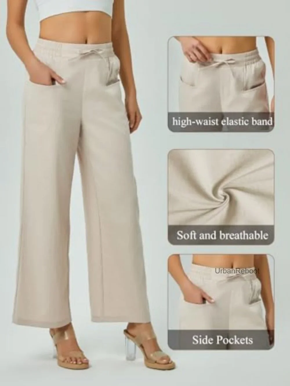 Womens Linen Wide Leg Pants High Waisted Drawstring Palazzo Lounge Pants with_4